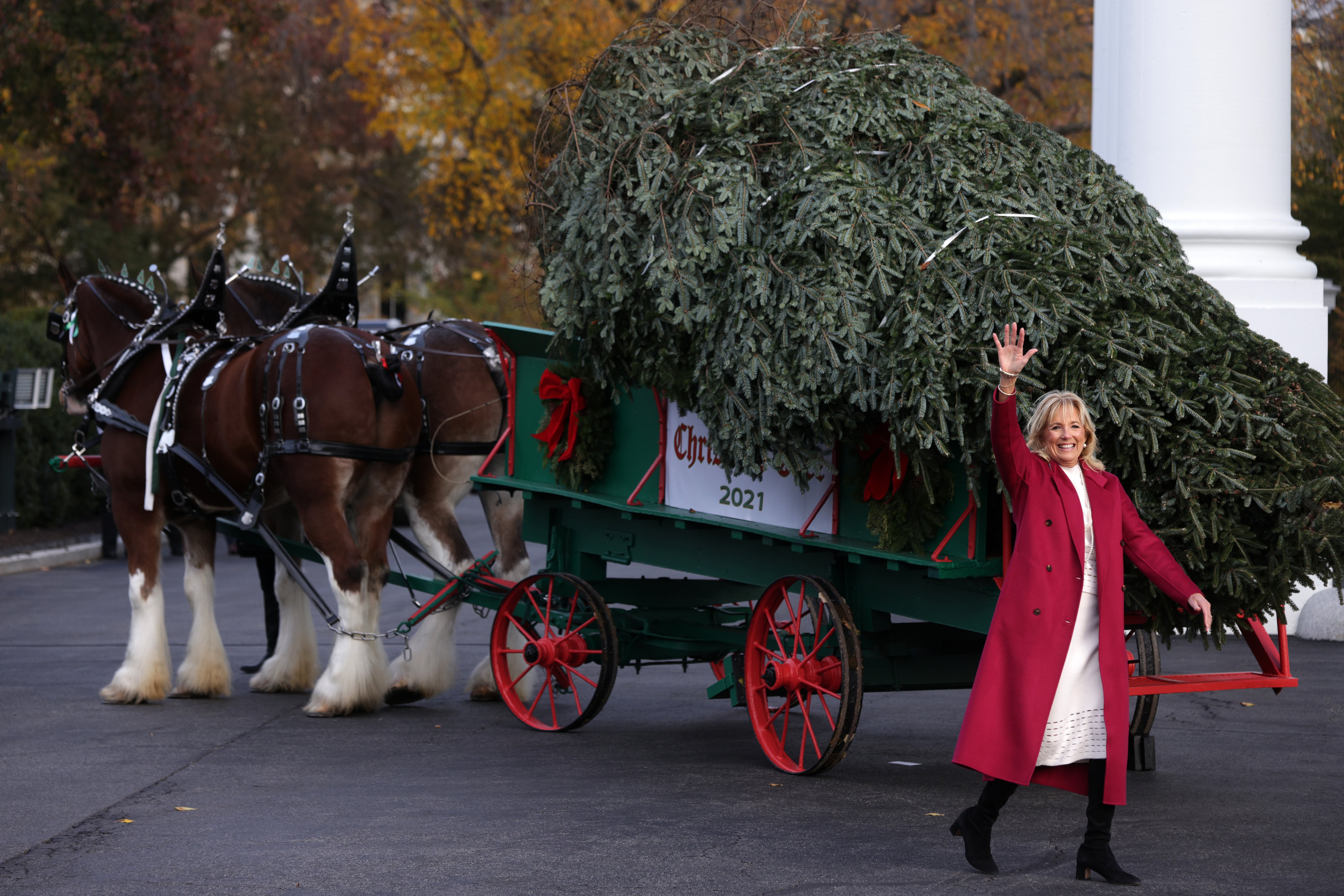 First lady Jill Biden waves after she receives the official White House Christmas Tree on the North Portico of the White House on 22 November 2021
