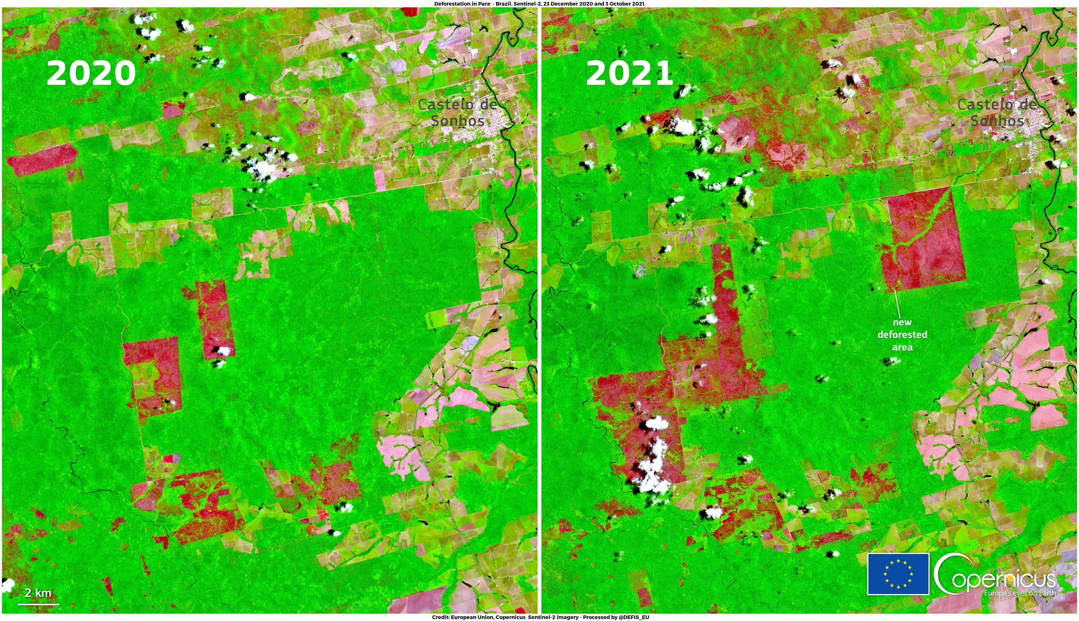 <p>Images, from October 23, 2020 and October 3, 2021 provide evidence of new deforested areas near Castelo de Sonhos, Para, Brazil</p>