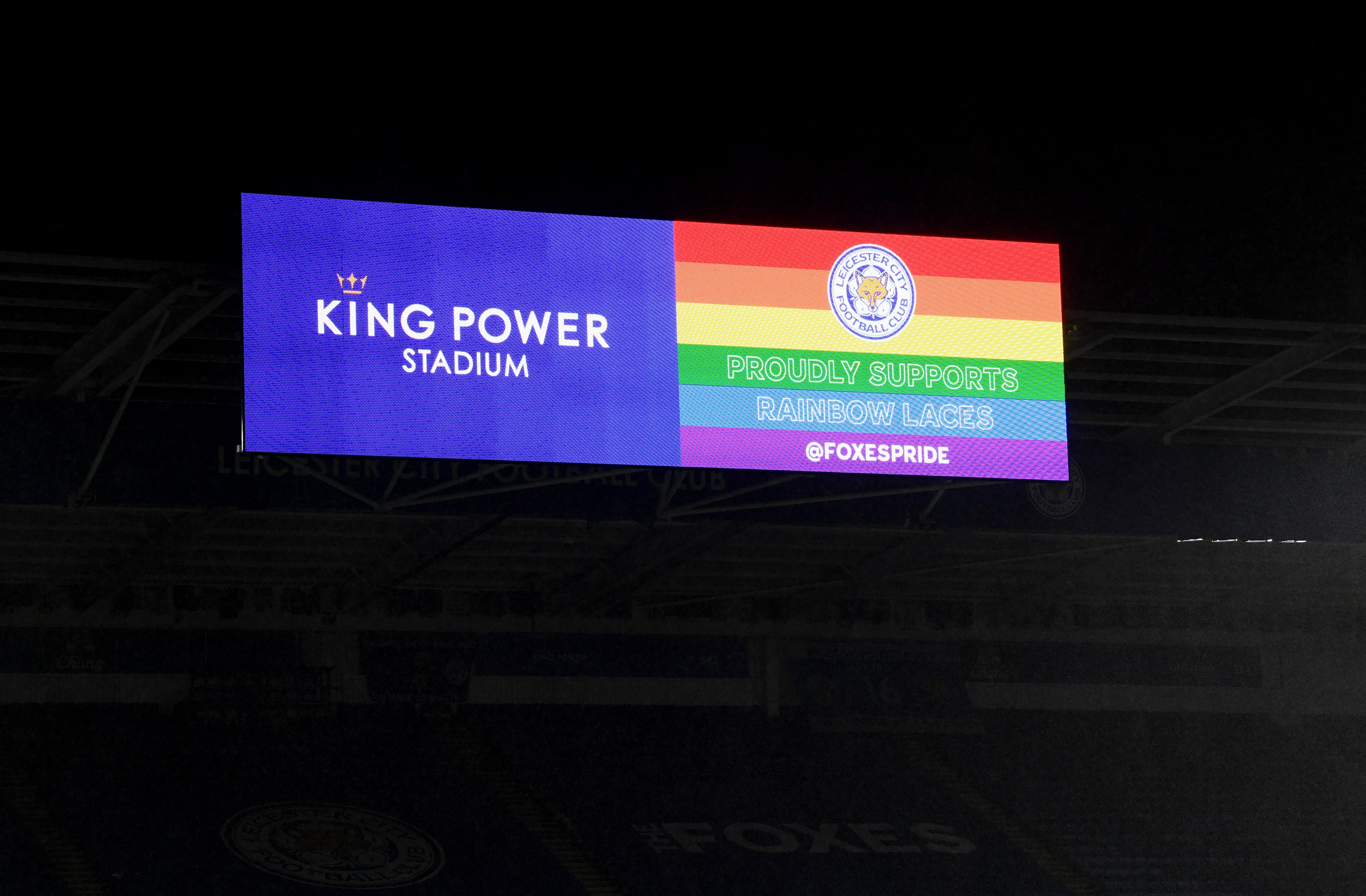 A rainbow laces sign is displayed at Leicester (MIchael Regan/PA)