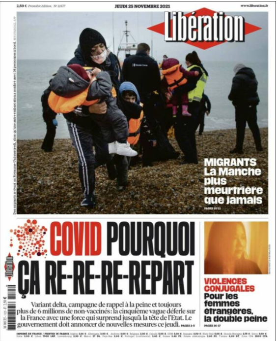 The front page of French daily newspaper Libération on Thursday November 25, following the tragedy in the Channel