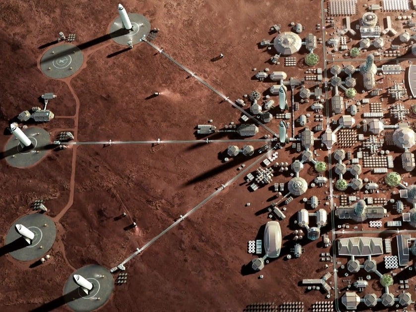 A SpaceX mockup of Musk’s plan to use Starship rockets to set up a colony on Mars to ensure humanity’s long-term survival