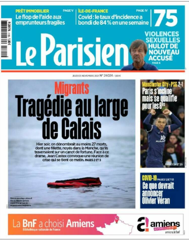 Le Parisien daily paper leads with news of the migrant crisis.