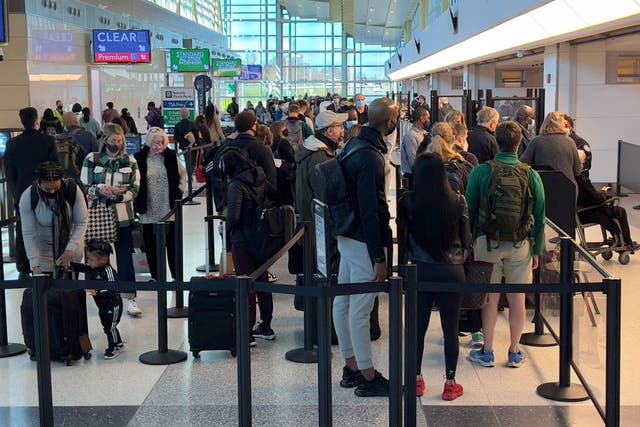 <p>Travellers stand in line at a security checkpoint at Washington National Airport in Arlington, Virginia, on 24 November</p>