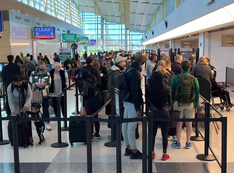 <p>Travellers stand in line at a security checkpoint at Washington National Airport in Arlington, Virginia, on 24 November</p>