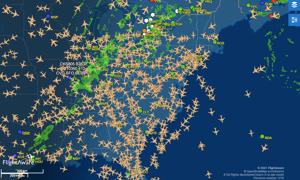Flights over the US east coast on Thanksgiving