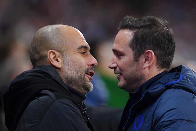 <p>Frank Lampard embraces Pep Guardiola</p>