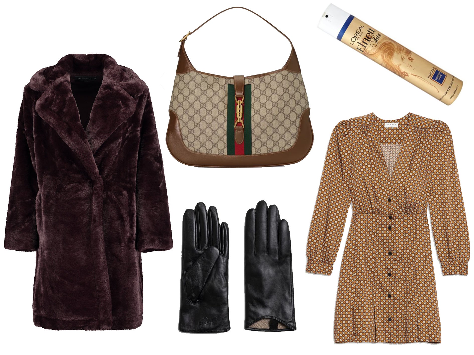 Robert Goddard faux fur coat: £80, Gucci Jackie bag: £1,750, Gant leather gloves: £65, Sandro dress: £223, Elnett hairspray: £5.25