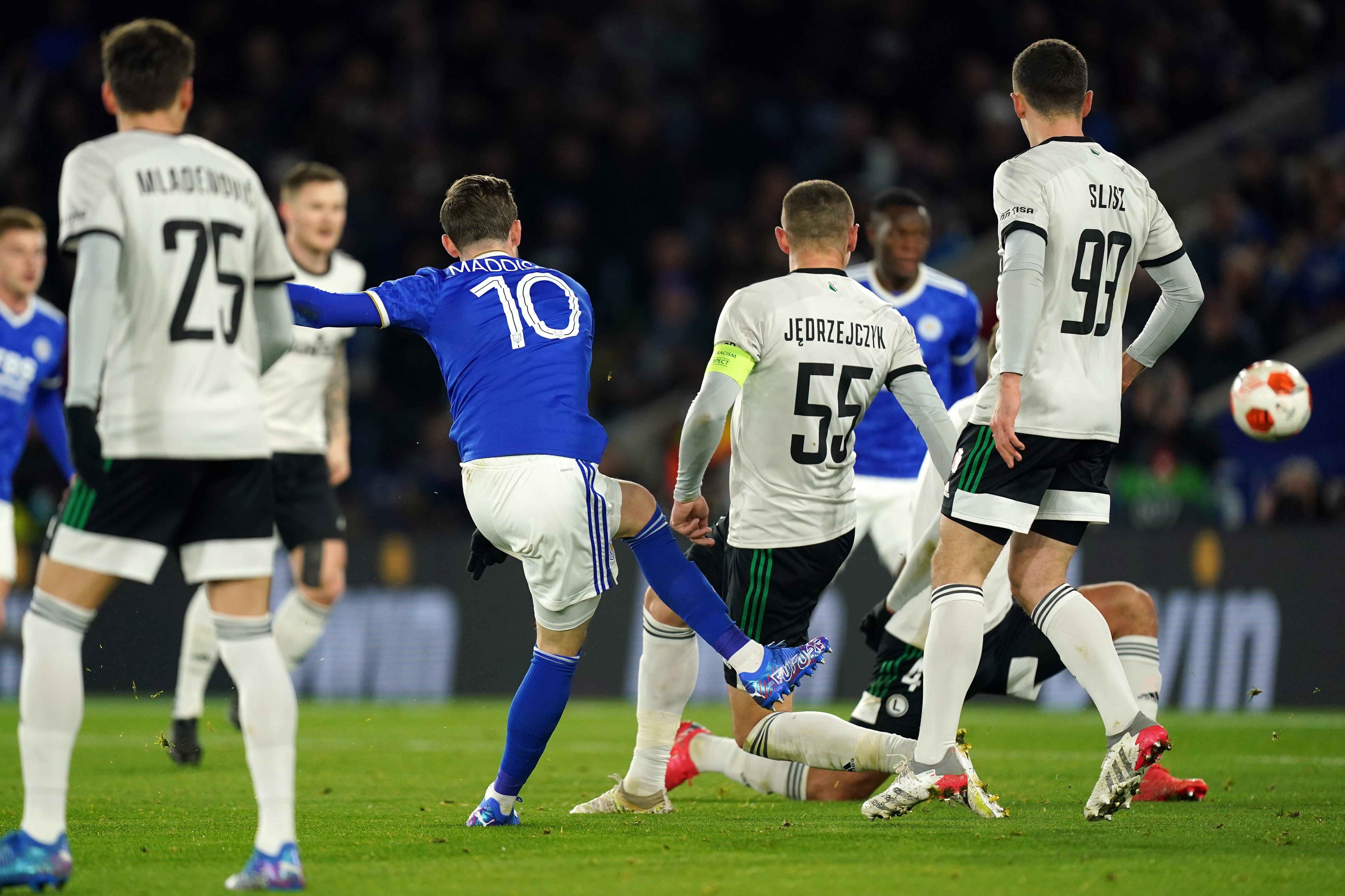 James Maddison (centre) scored the second goal for Leicester (PA)