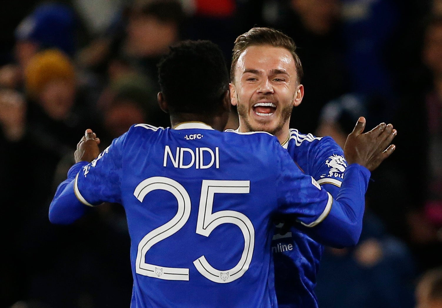 Wilfred Ndidi and James Maddison celebrate Leicester's third goal