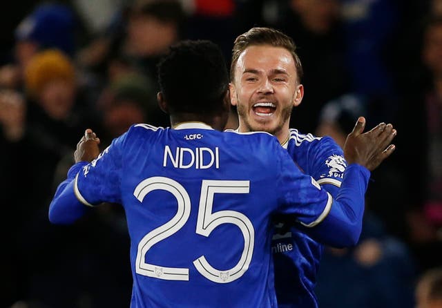 <p>Wilfred Ndidi and James Maddison celebrate Leicester's third goal</p>
