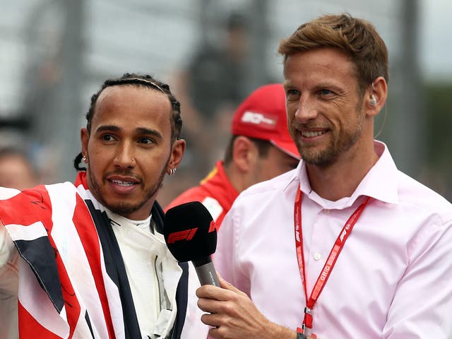 <p>Lewis Hamilton and Jenson Button in parc ferme at Silverstone</p>