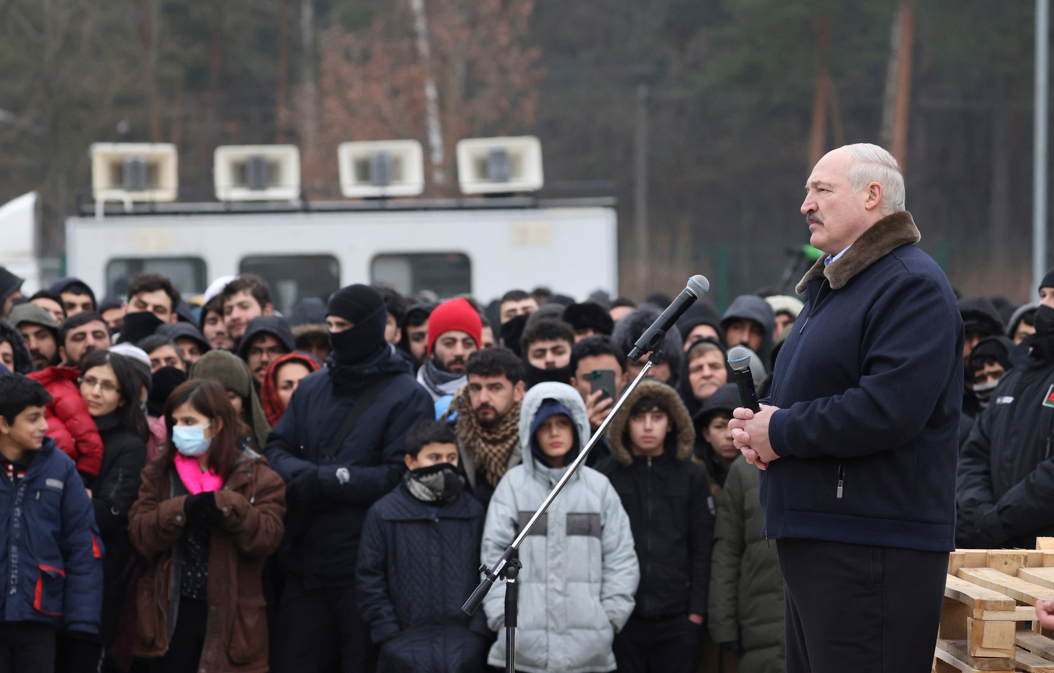 Belarusian President Alexander Lukashenko speaks to migrants at the country’s border with Poland