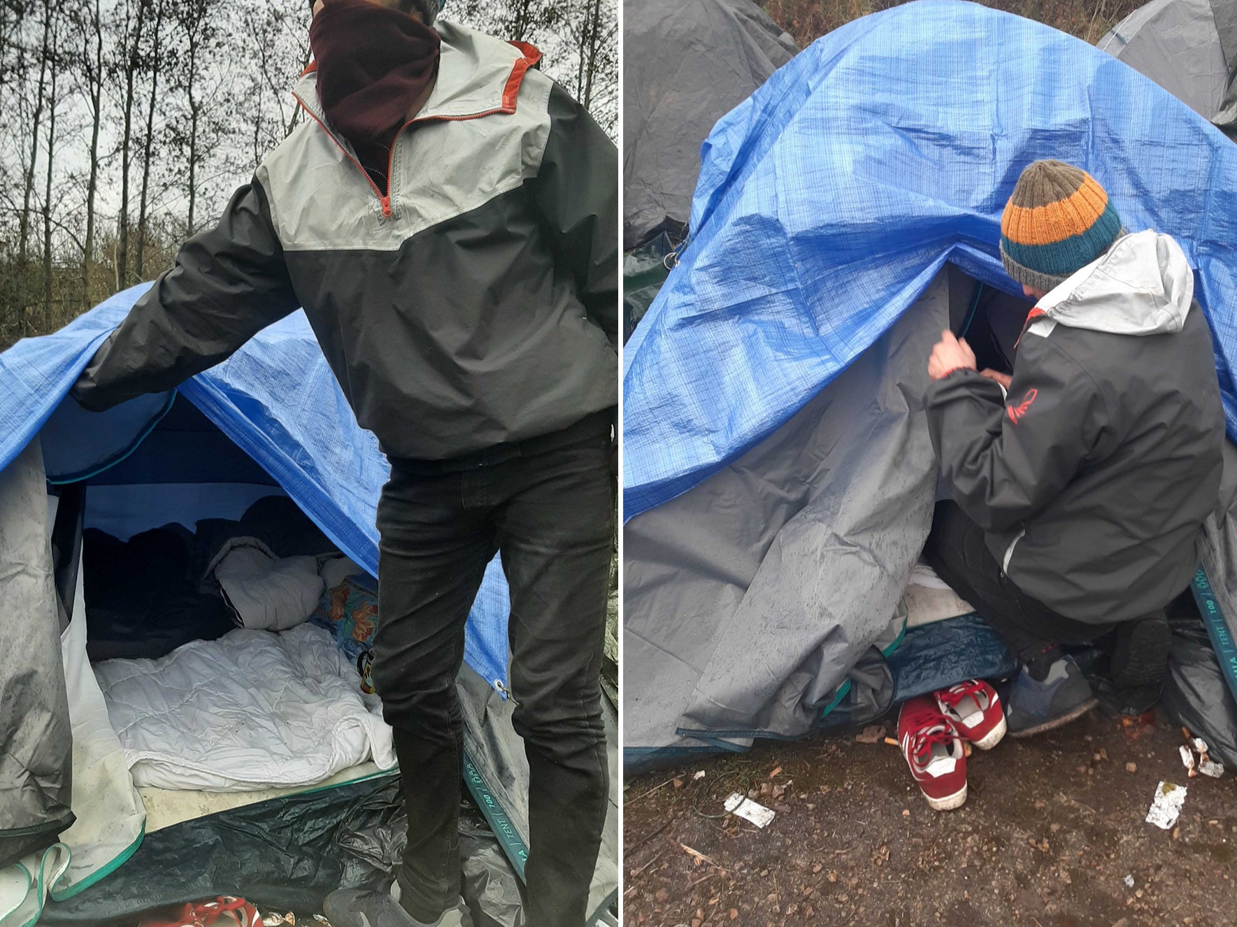 A tent for two men at the Grande-Synthe camp