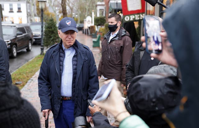 <p>President Joe Biden speaks to the media before entering "Nantucket Bookworks" bookstore following lunch with family at the Nantucket Tap Room, in Nantucket island, Massachusetts, U.S, November 26, 2021</p>