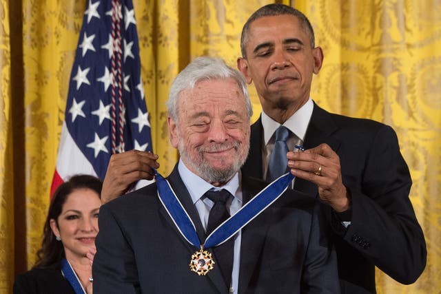 <p>Stephen Sondheim receives the Presidential Medal of Freedom from Barack Obama. </p>