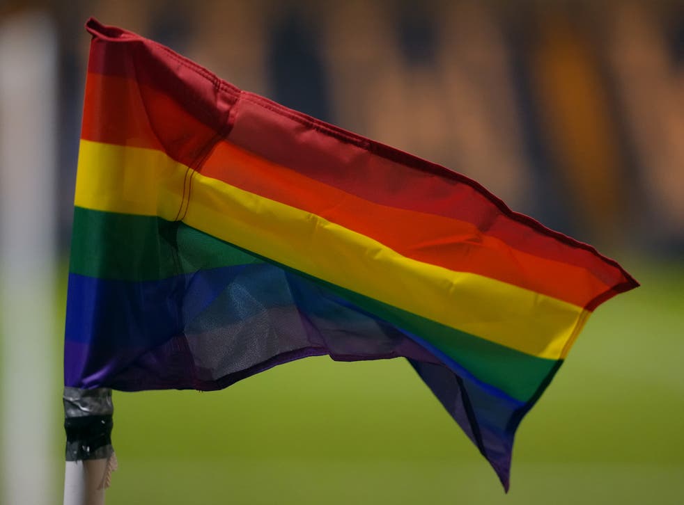 A rainbow corner flag in support of Stonewall’s Rainbow Laces campaign (John Walton/PA)