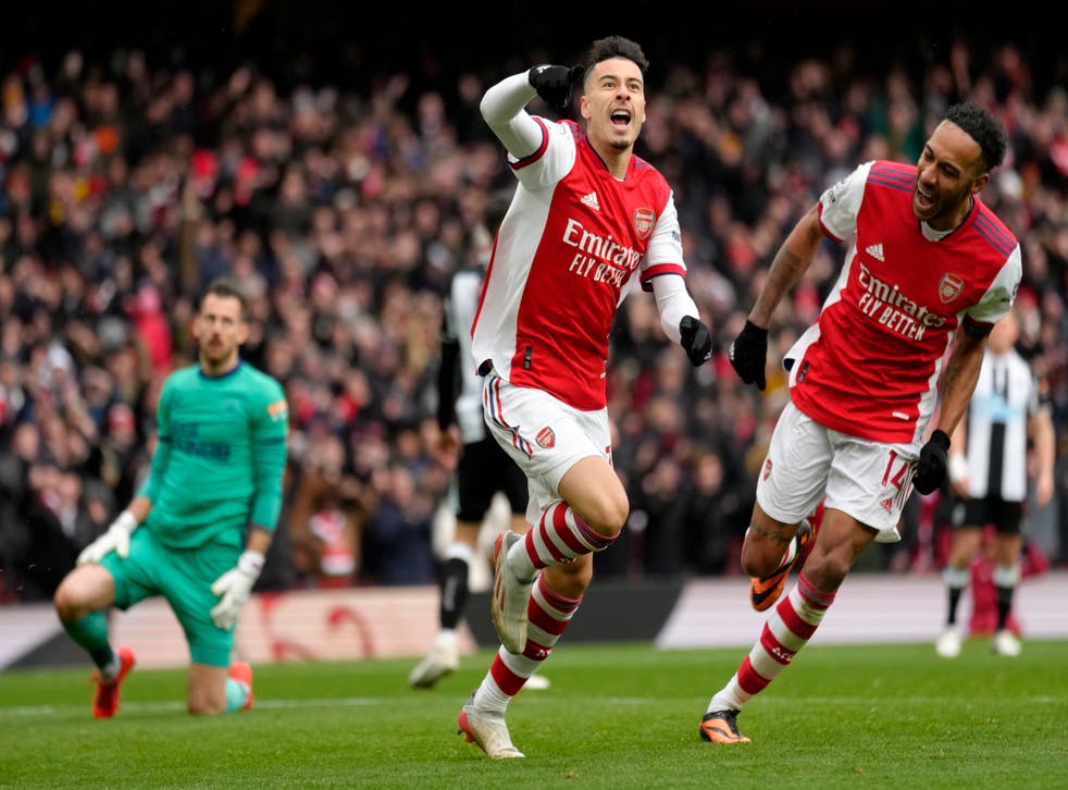 <p>Gabriel Martinelli celebrates scoring Arsenal’s second goal</p>