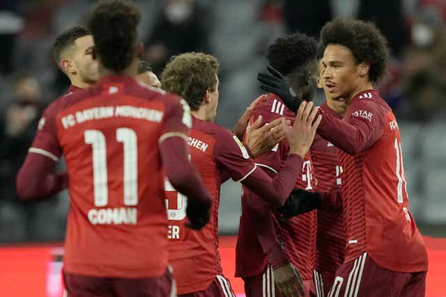 Leroy Sane (right) celebrates with his team mates after scoring for Bayern Munich in their 1-0 win against Arminia Bielefeld (Martin Meissner/AP/Press Association Images)