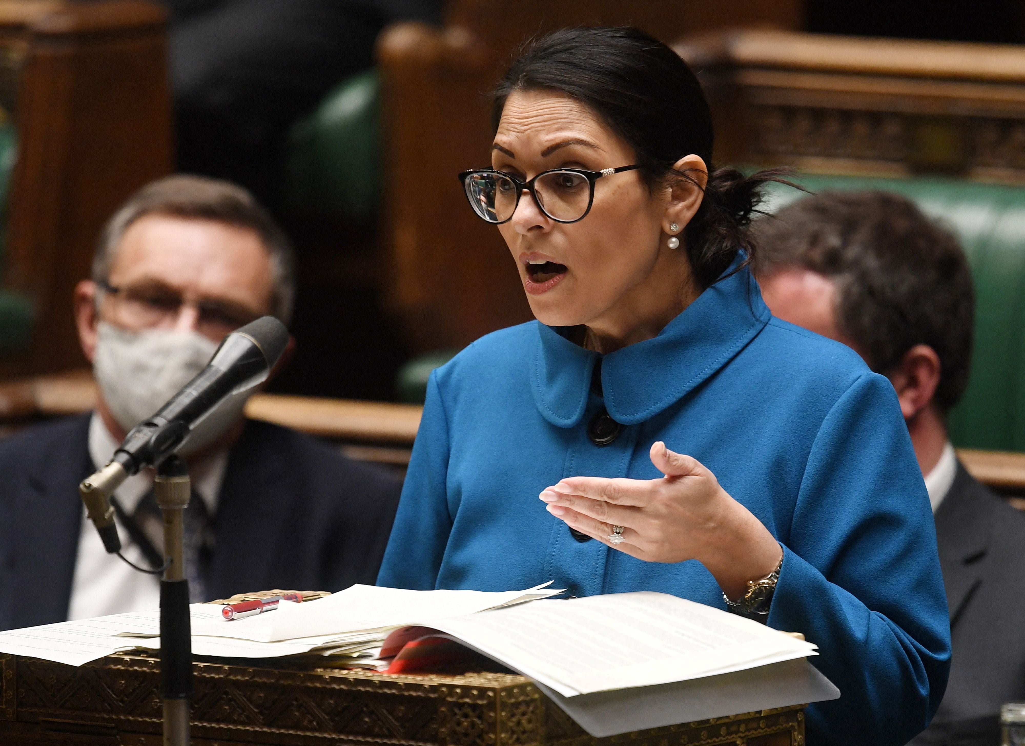 Home Secretary Priti Patel making a Statement on the 'Small boats incident in the Channel', in the House of Commons in London on November 25, 2021.