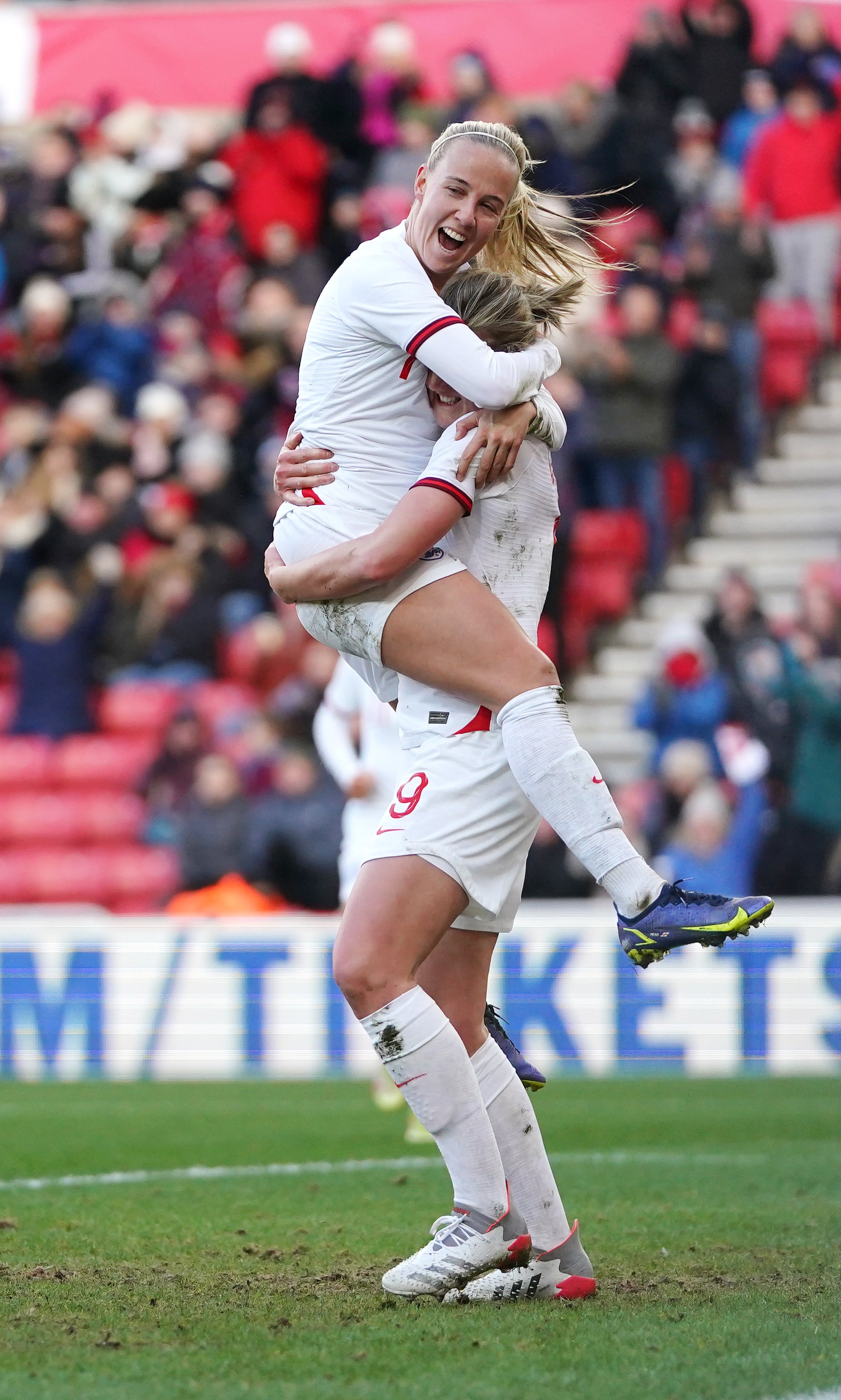 England’s Ellen White (right) celebrates with Beth Mead after scoring against Austria (Zac Goodwin/PA)