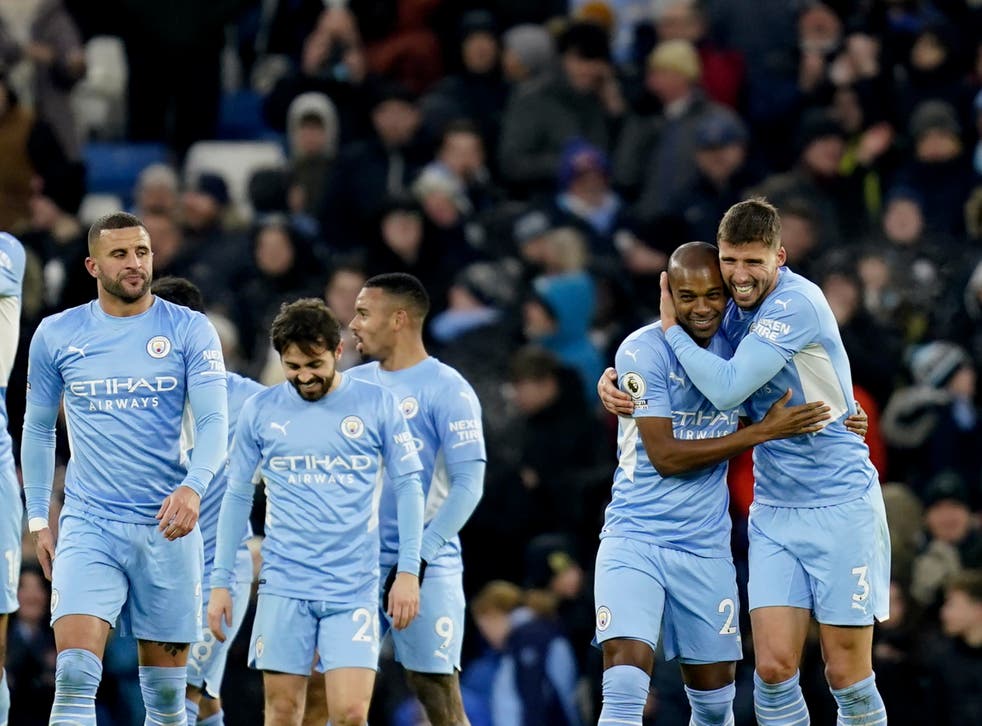 <p>Fernandinho celebrates with teammates after scoring Manchester City’s second</p>