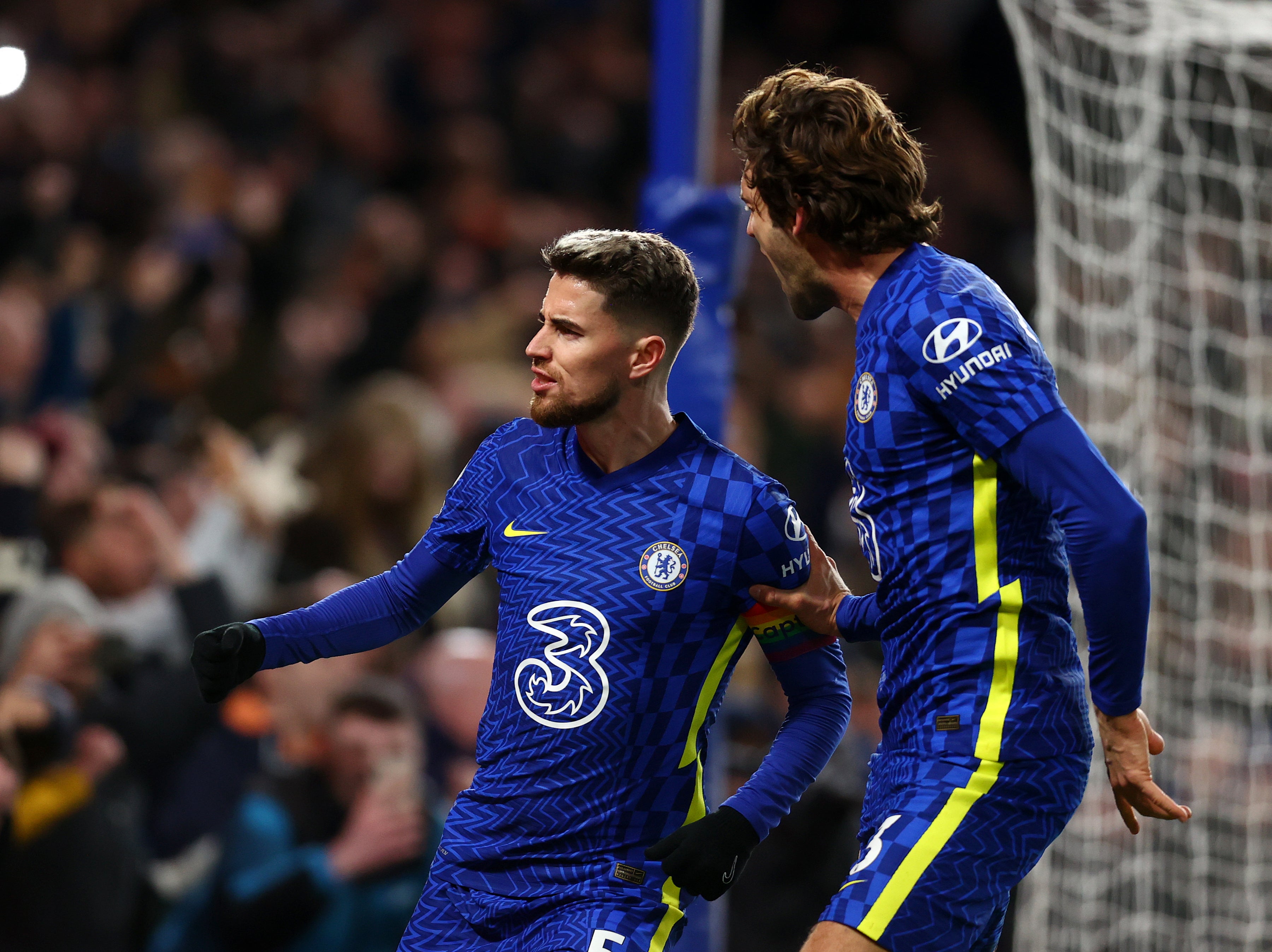 Chelsea’s Jorginho (left) celebrates his equaliser against Man United