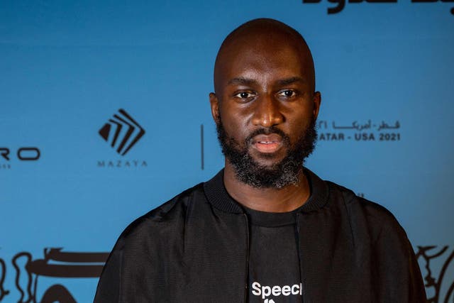 <p>Virgil Abloh arrives at his exhibition in Doha, Qatar, on 4 November 2021</p>