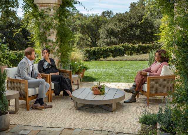 <p>Harry and Meghan during their Oprah Winfrey interview. Harpo Productions /Joe Pugliese</p>