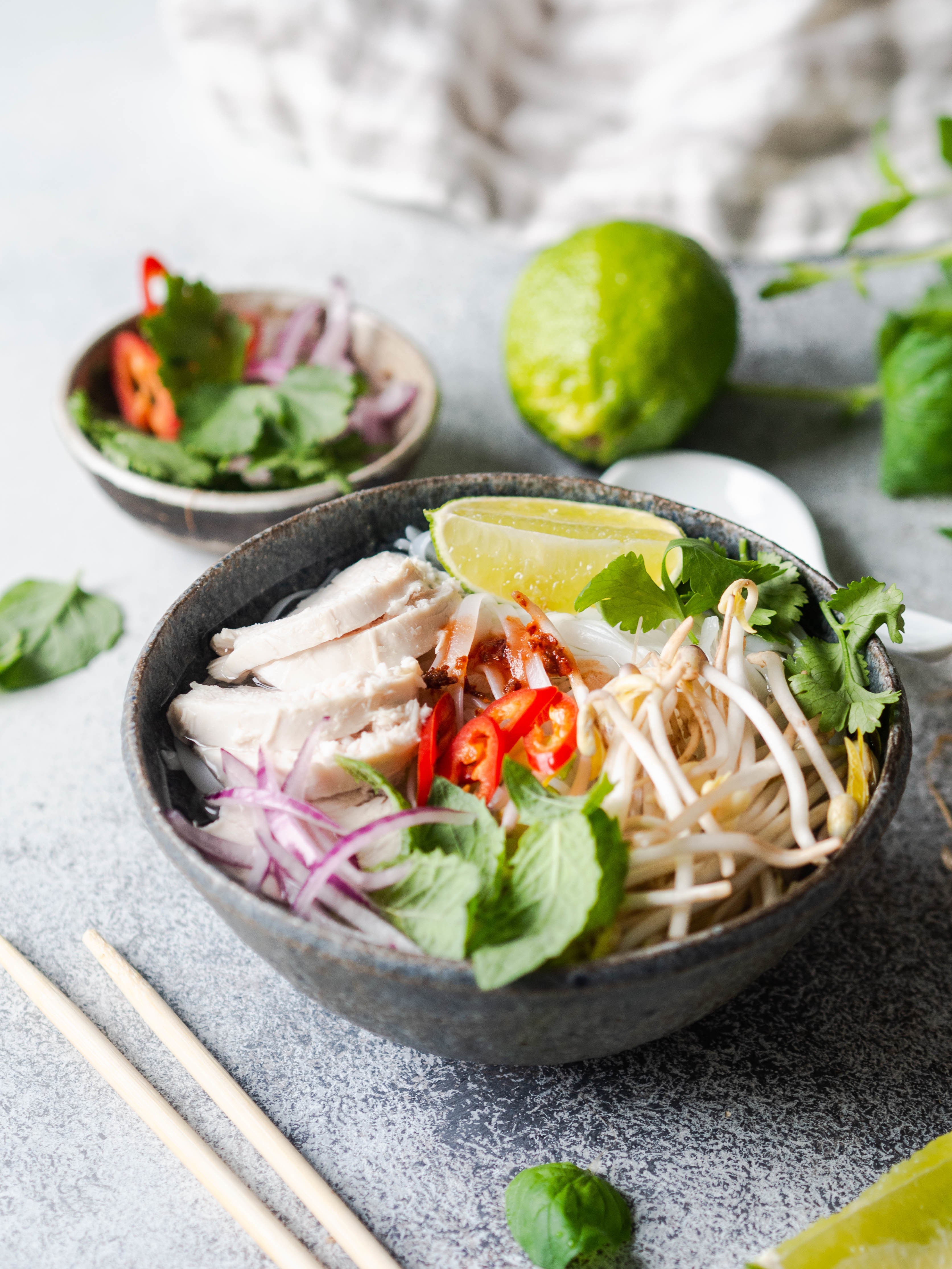 A play of Vietnamese chicken noodle soup