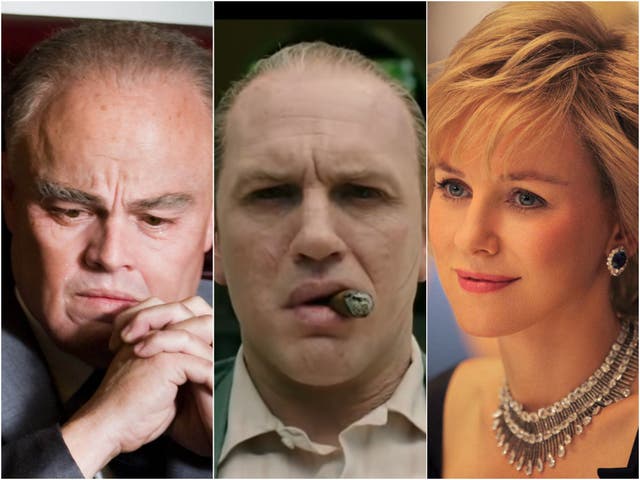 <p>Leonardo DiCaprio in ‘J Edgar’, Tom Hardy in ‘Capone’ and Naomi Watts in ‘Diana'</p>