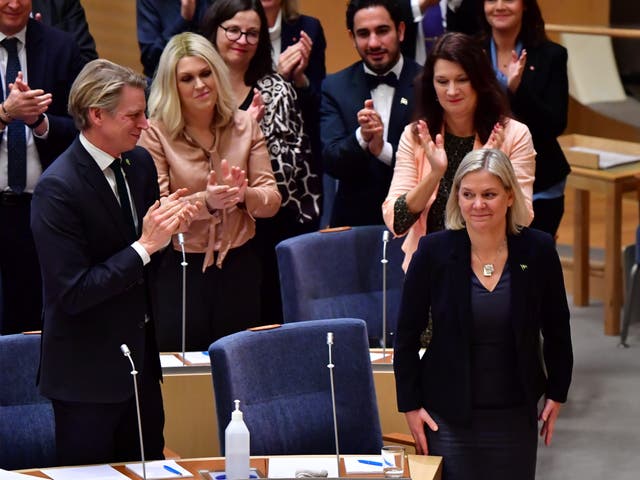 <p>Andersson is congratulated after being appointed as PM for the second time</p>