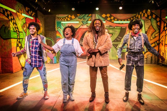 <p>Tarik Fimpong (Scarecrow), Cherelle Williams (Dorothy), Jonathan Andre (Lion), Llewellyn Graham (Tinman) in ‘The Wiz' at Hope Mill Theatre</p>