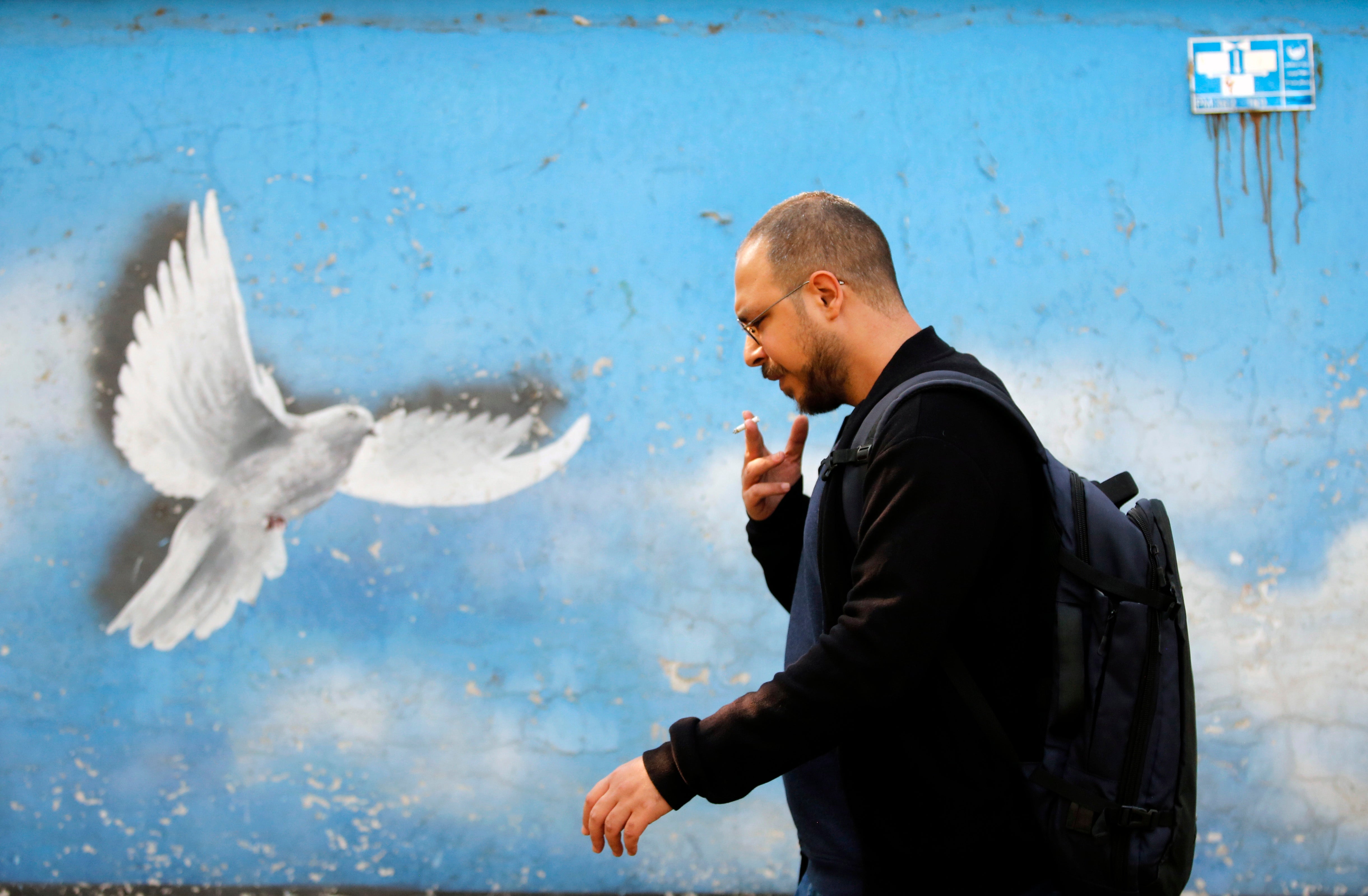 Led by hawks: an Iranian passes a mural of a dove in Tehran