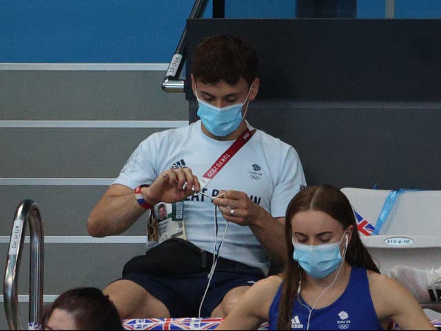 <p>Tom Daley knits at the Tokyo Olympics</p>