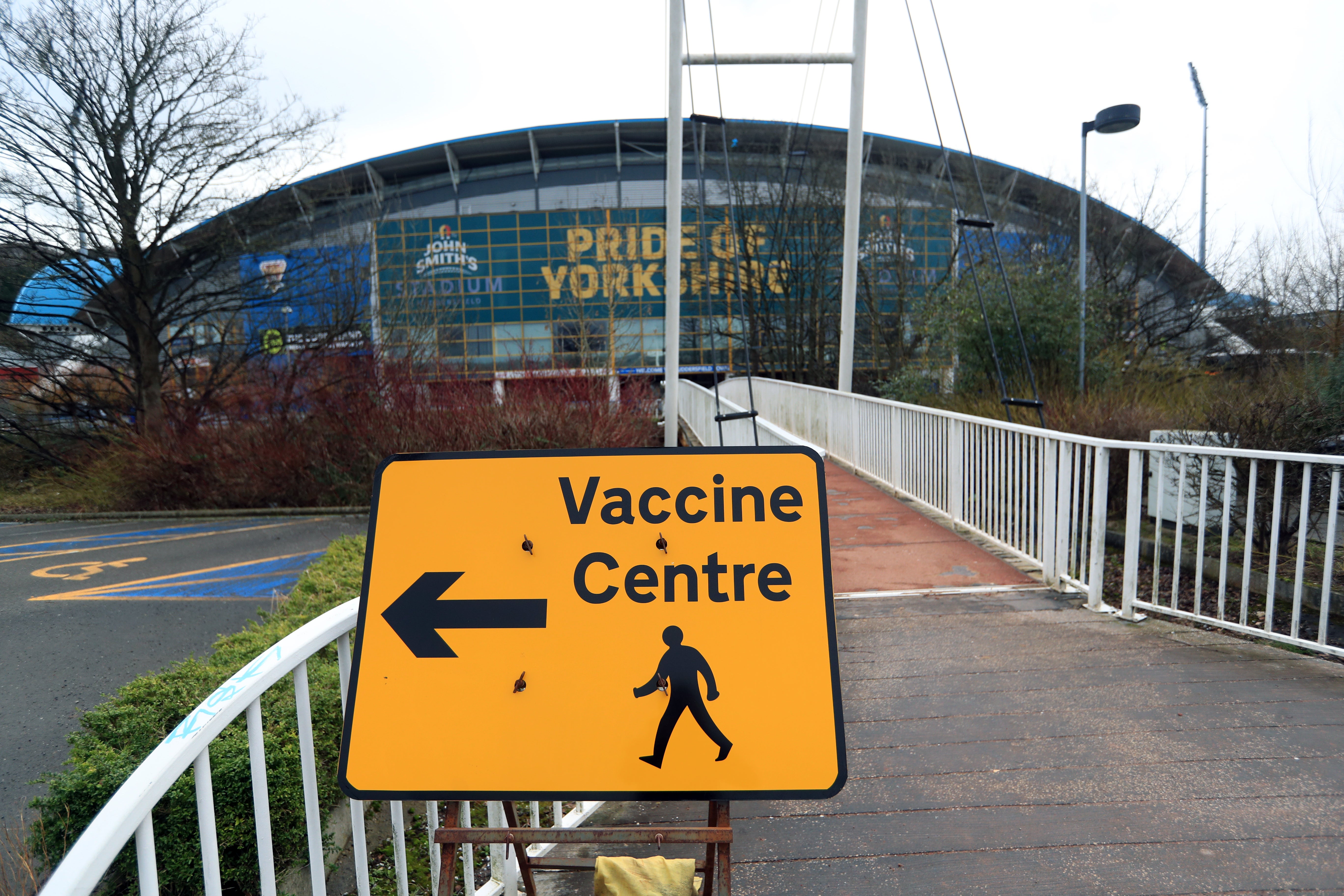 A vaccine centre sign near the John Smith’s Stadium in Huddersfield (Mike Egerton/PA)