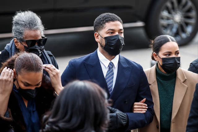 <p>US actor Jussie Smollett (C-Rear) arrives with family and attorneys for the first day of his trial for reportedly staging an attack on himself, at the Leighton Criminal Courthouse in Chicago, Illinois, USA, 29 November 2021</p>