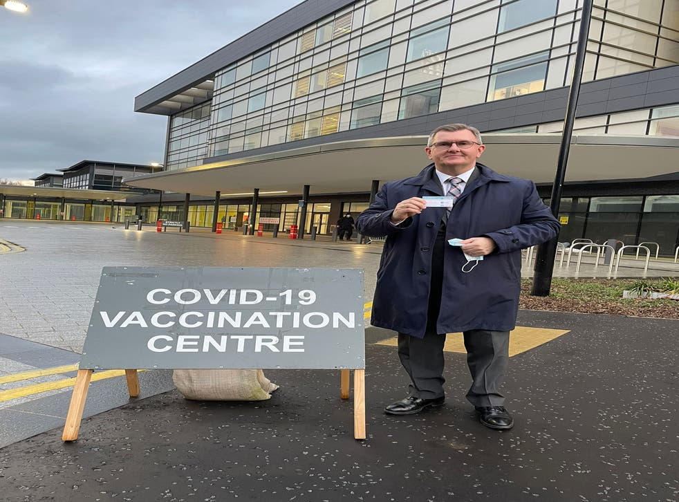 DUP leader Sir Jeffrey Donaldson at the Ulster Hospital on the outskirts of Belfast after receiving his booster Covid-19 vaccination (DUP/PA)