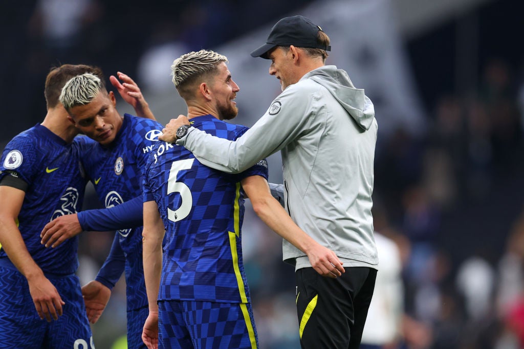 Chelsea coach Thomas Tuchel with midfielder Jorginho