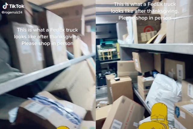 <p>FedEx delivery driver urges people to shop ‘in person’ while showing truck full of packages</p>