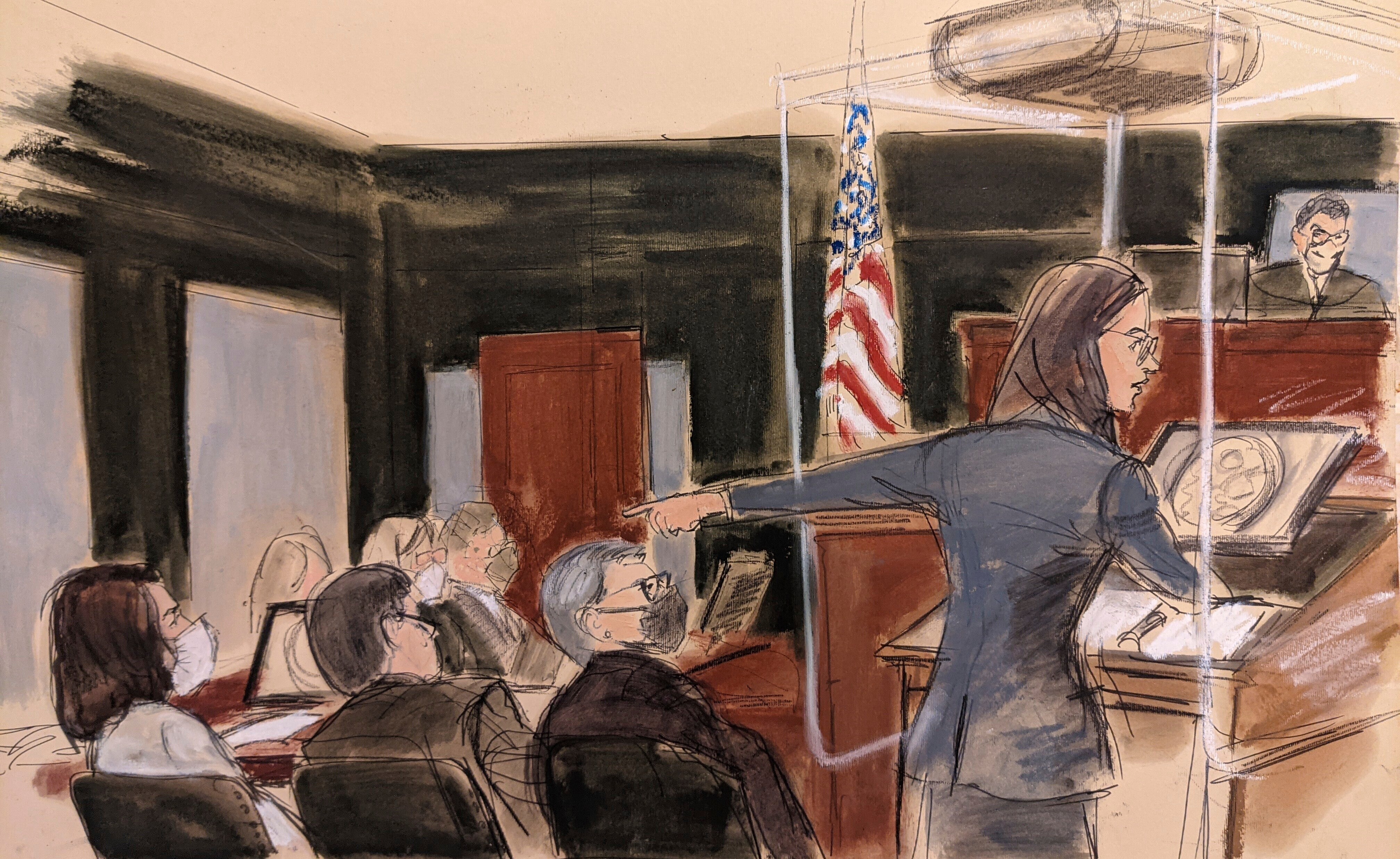 US Attorney Lara Pomerantz gives her opening prosecution statement while pointing to defendant Ghislaine Maxwell