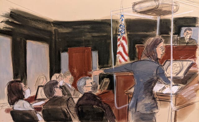 <p> US Attorney Lara Pomerantz gives her opening prosecution statement while pointing to defendant Ghislaine Maxwell</p>