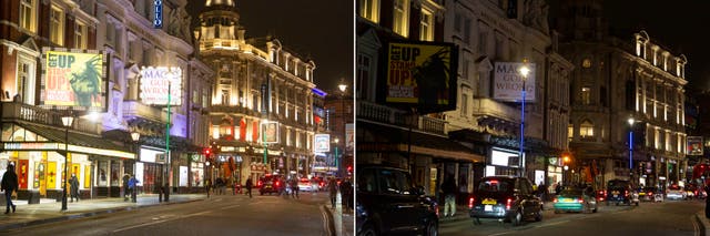 <p>West End theatres on London's Shaftesbury Avenue dim their lights as they pay tribute to Stephen Sondheim, the composer and lyricist, who died aged 91 on Friday morning.</p>