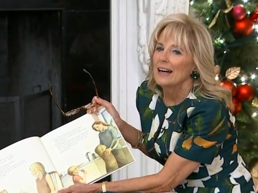 <p>Jill Biden listens to an awkward story about a dead hamster during a White House story time on 29 November 2021</p>