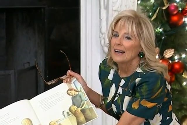 <p>Jill Biden listens to an awkward story about a dead hamster during a White House story time on 29 November 2021</p>