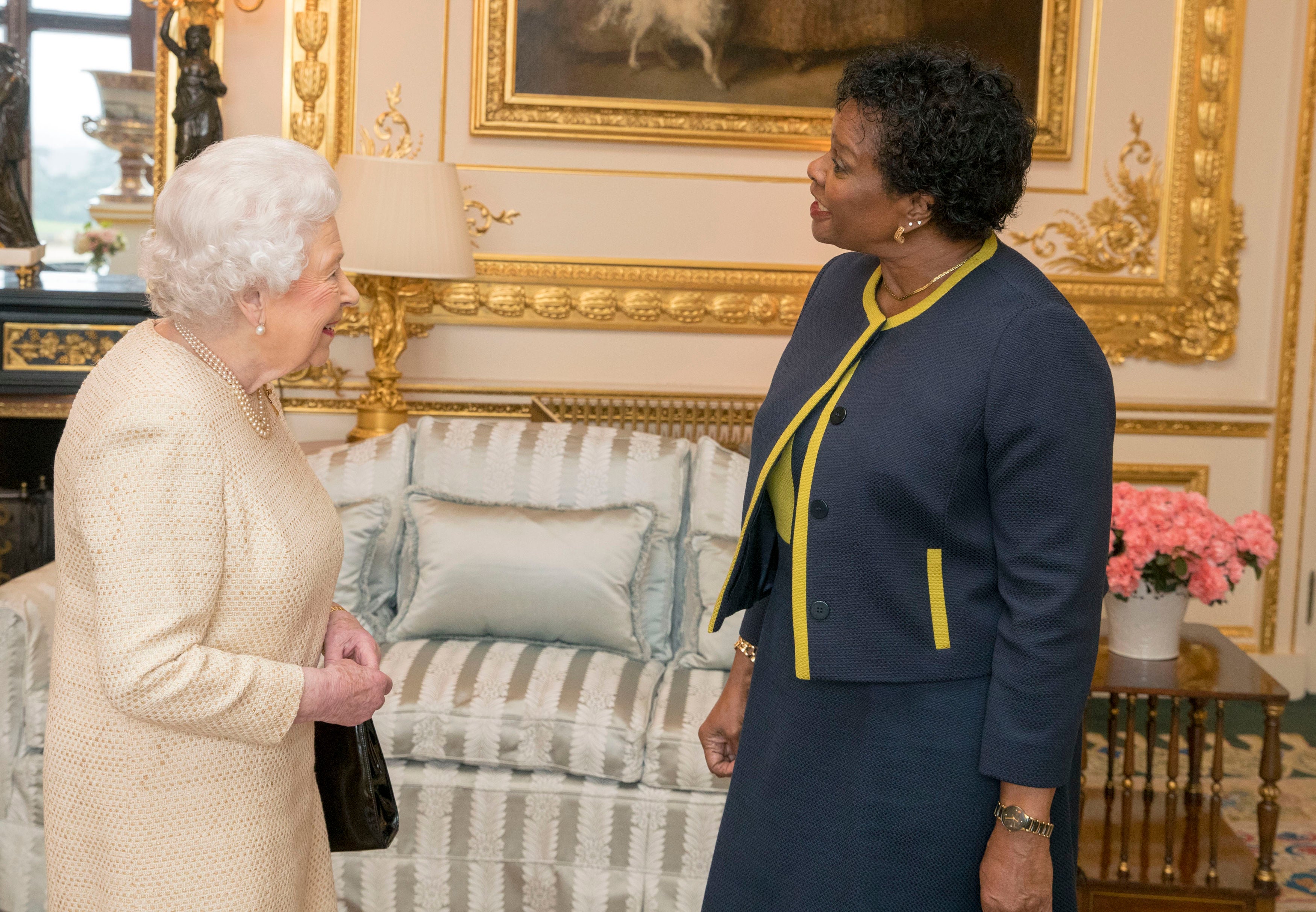 The Queen meeting the former governor-general of Barbados, Dame Sandra Mason, now the country’s first president (Steve Parsons/PA)