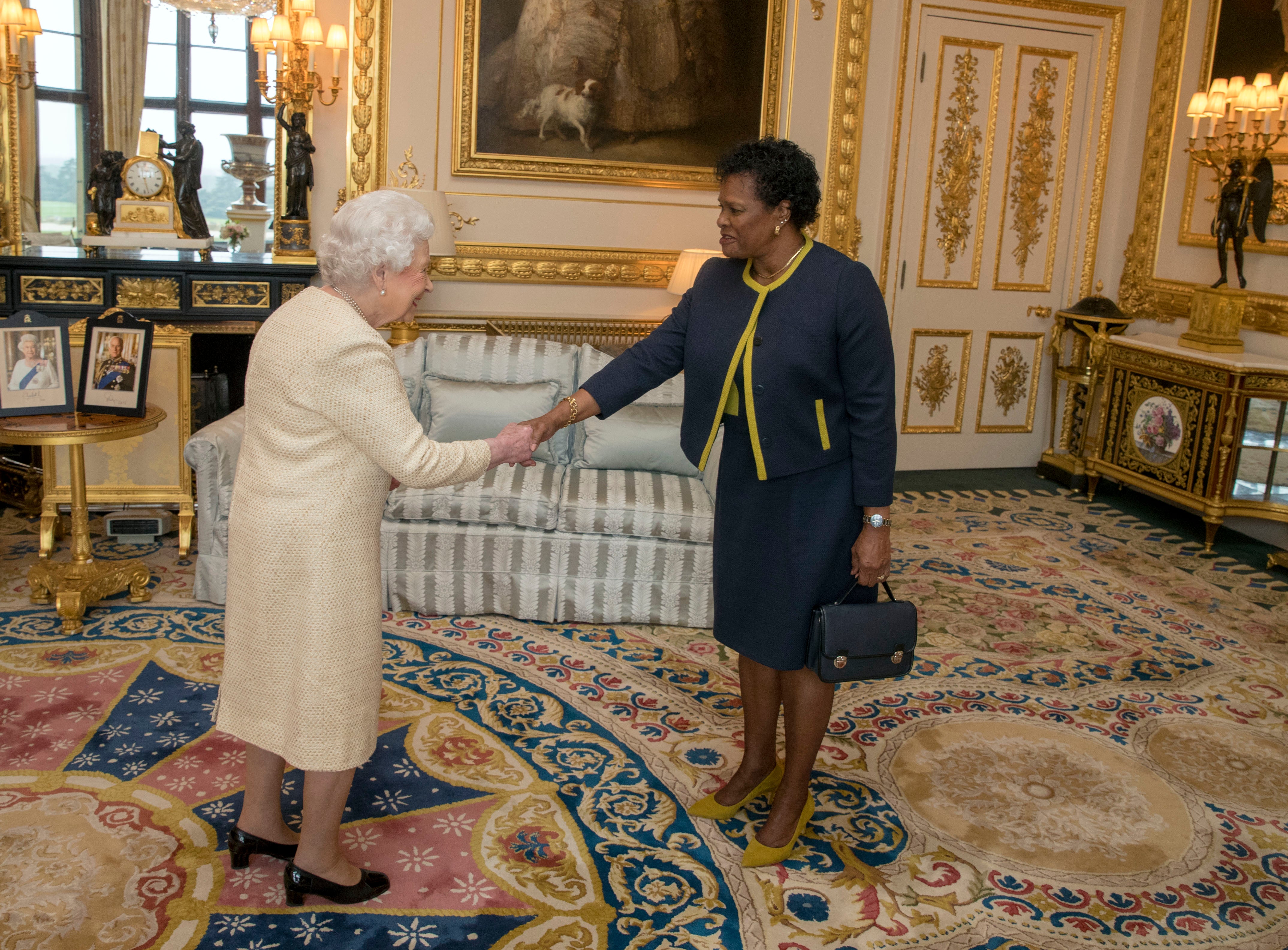 Queen Elizabeth II receives Governor-General of Barbados Dame Sandra Mason during a private audience at Buckingham Palace in 2018