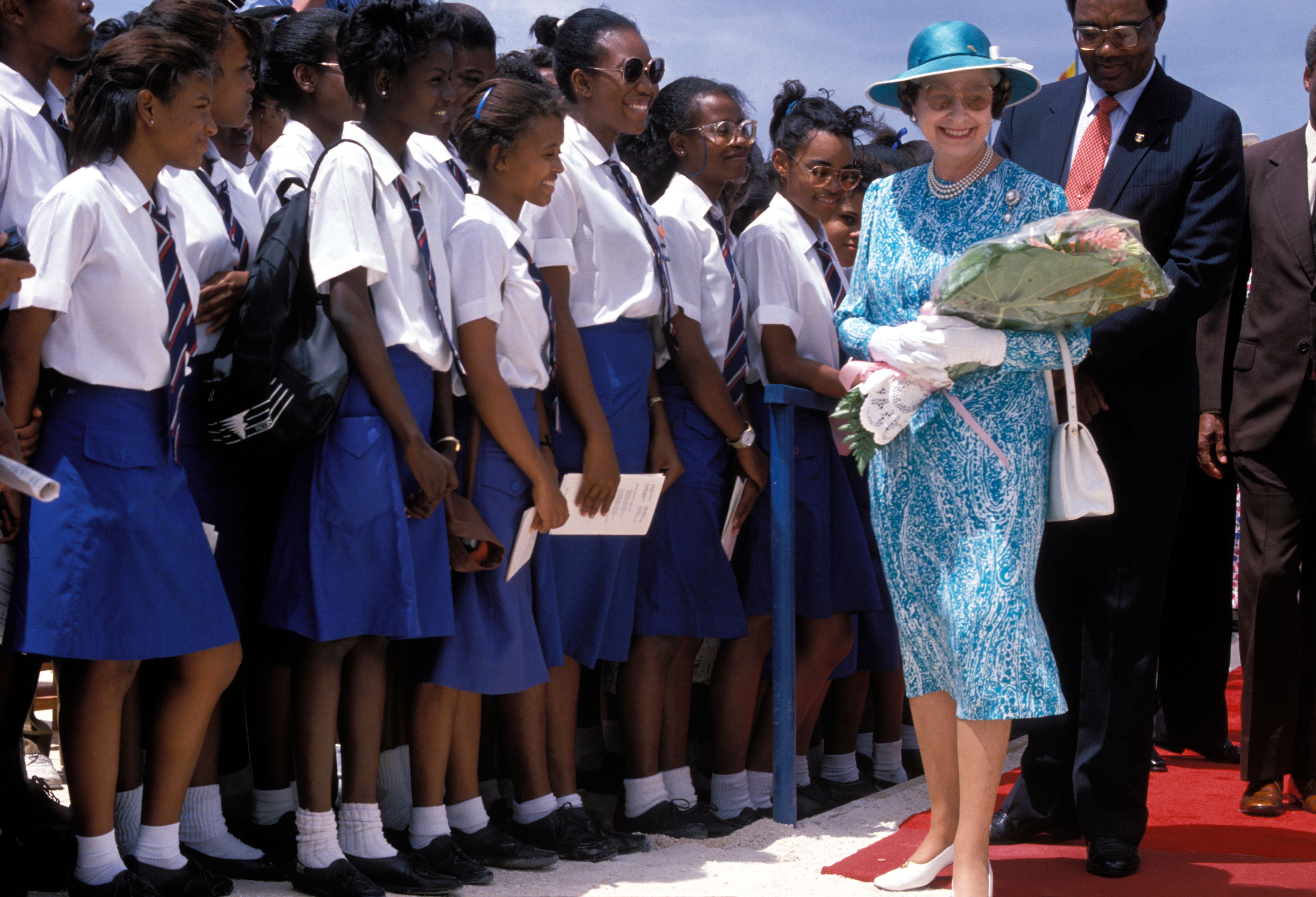 Queen Elizabeth II visit to Queen’s College to officiate at a stone laying ceremony for the new Barbados school building in 1989