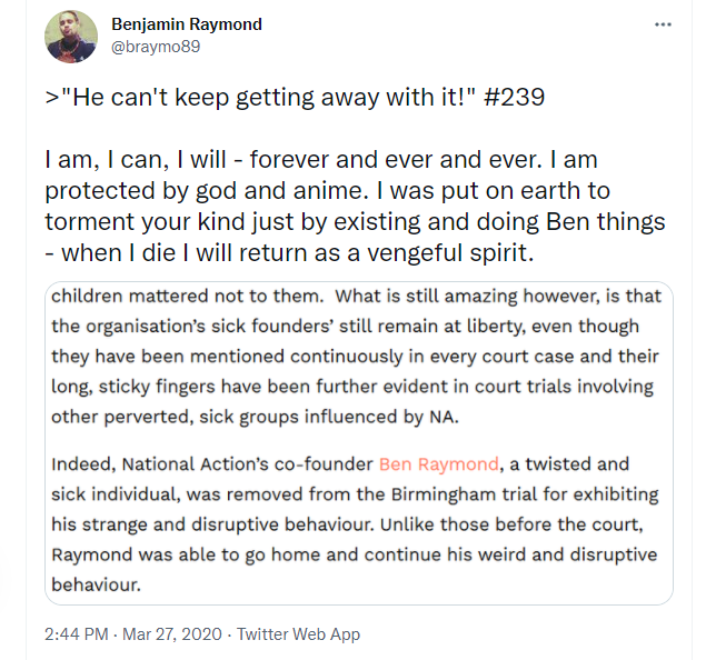 A tweet by Ben Raymond before he was charged