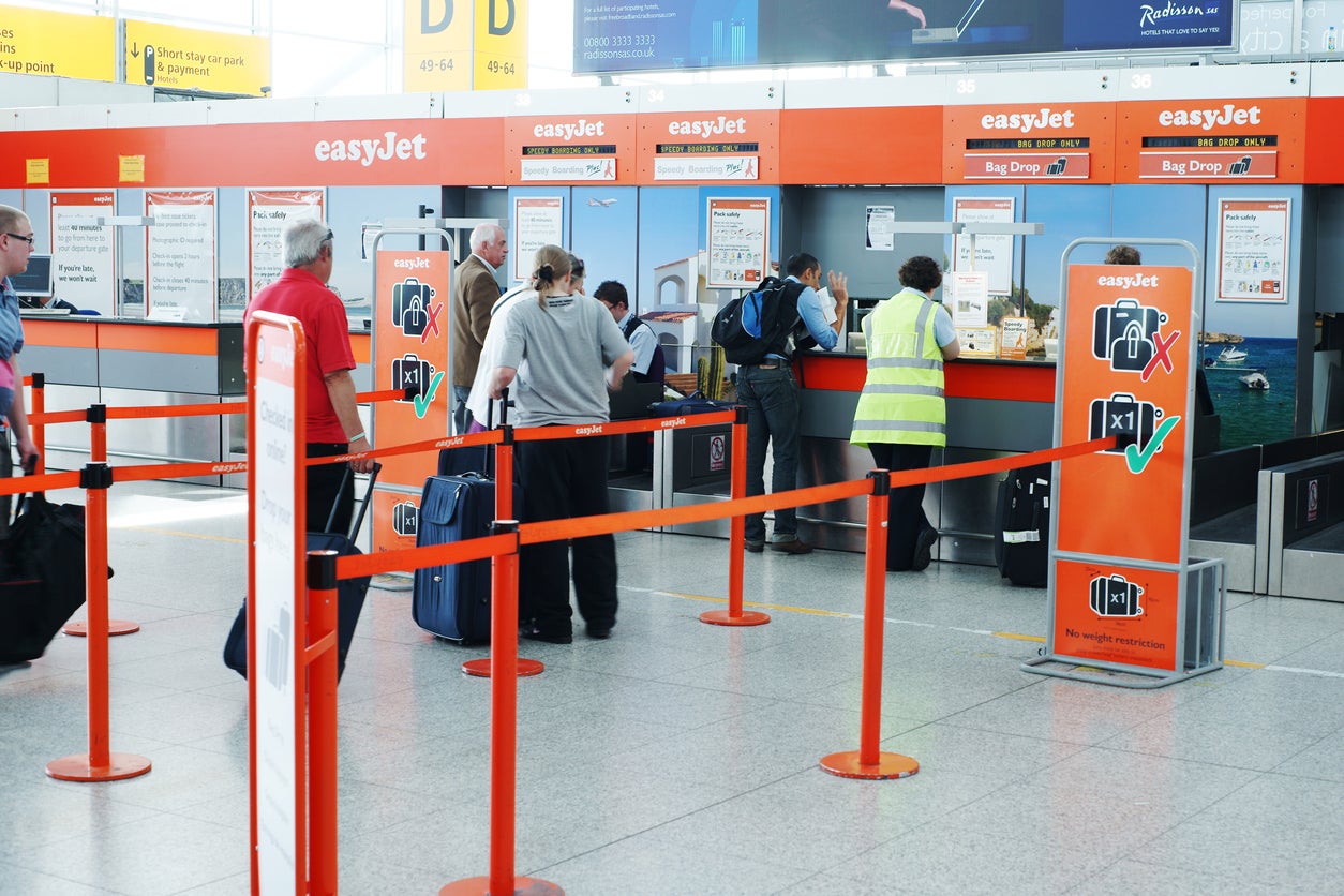 An easyJet check-in area at Stansted Airport