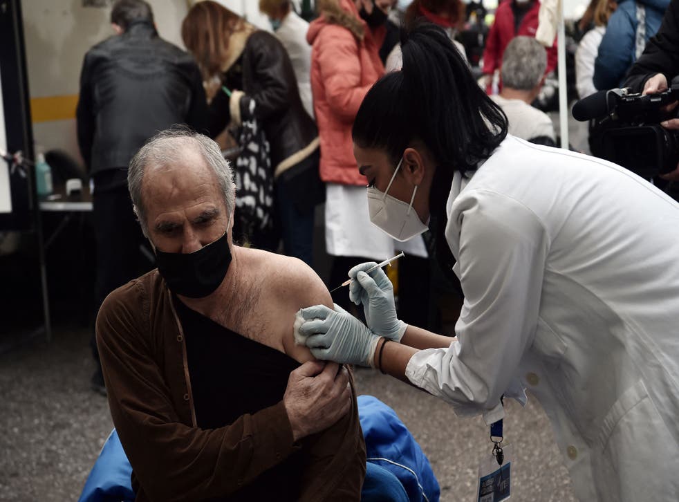 <p>A man receives a dose of the Covid-19 vaccine in Thessaloniki</p>